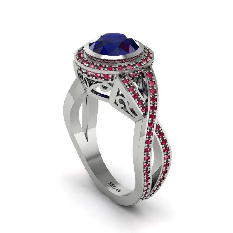 Unique Stackable Engagement Rings For Brides-Sapphire Filigree Halo Twist Shank Engagement Ring - Wren No. 60