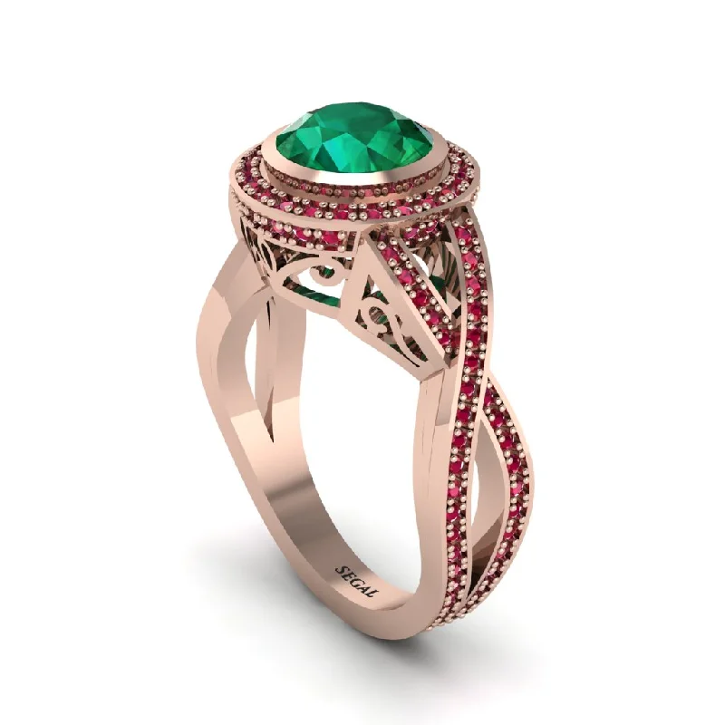 Unique Personalized Wedding Bands For Couples-Emerald Filigree Halo Twist Shank Engagement Ring - Wren No. 50