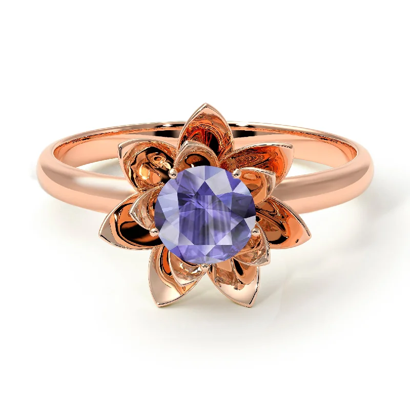 Classic Birthstone Wedding Rings For Couples-Lotus Flower Solitaire Tanzanite Ring - Lotus no. 202