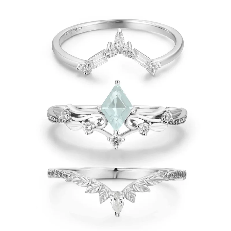 Wedding Bands For Same-Sex Couples-Victorian Lace Aquamarine©, Monte Arc, and Woodland Ring Set