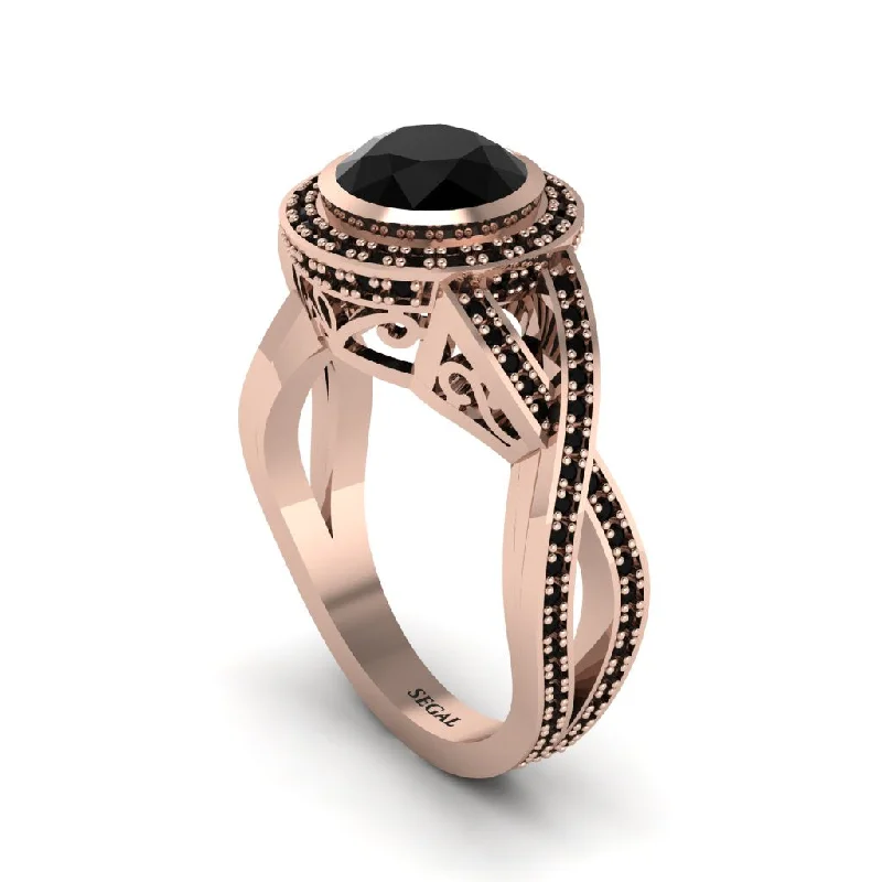 Stunning Engagement Rings For Brides-Black Diamond Filigree Halo Twist Shank Engagement Ring - Wren No. 38