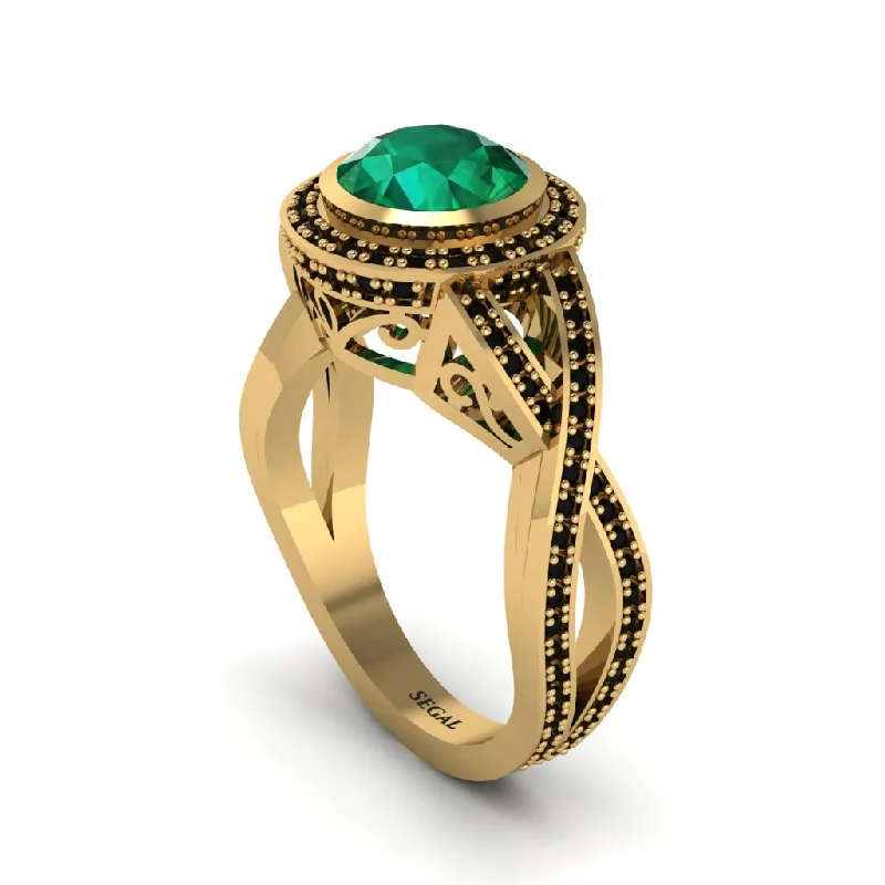 Sparkling Wedding Bands For Brides-Emerald Filigree Halo Twist Shank Engagement Ring - Wren No. 34