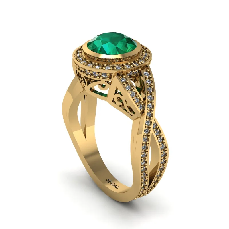 Beautiful Cocktail Rings For Weddings-Emerald Filigree Halo Twist Shank Engagement Ring - Wren No. 4