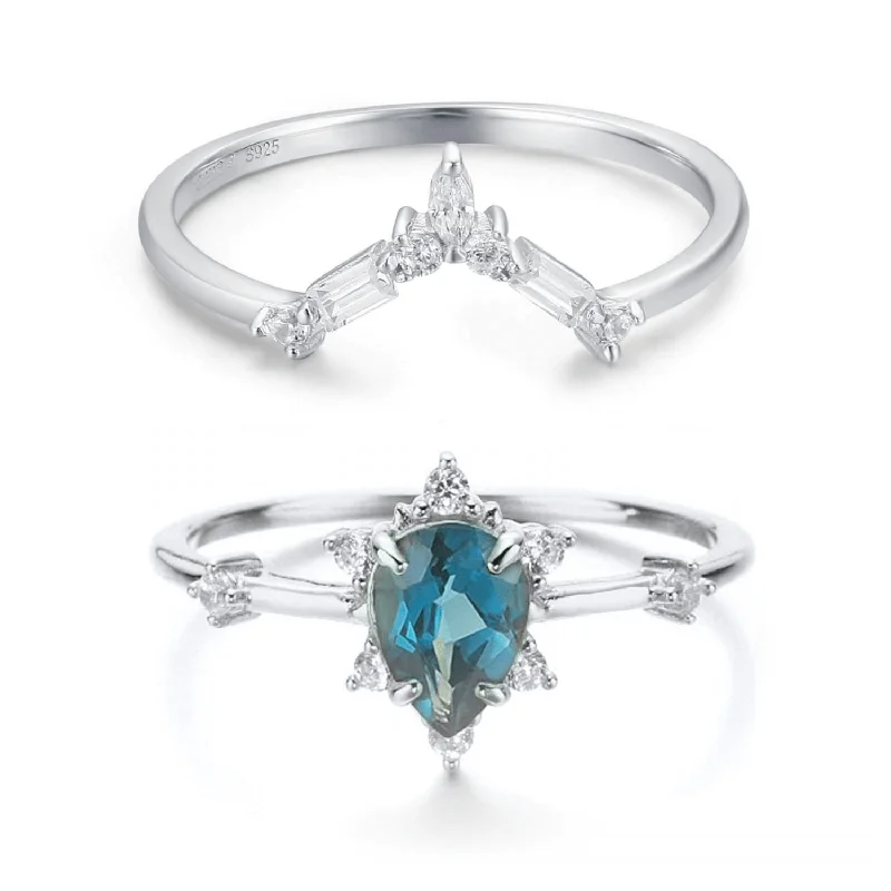 Custom Birthstone Rings For Personalized Jewelry-Gaia London Blue Topaz Ring & Monte Arc Ring Set