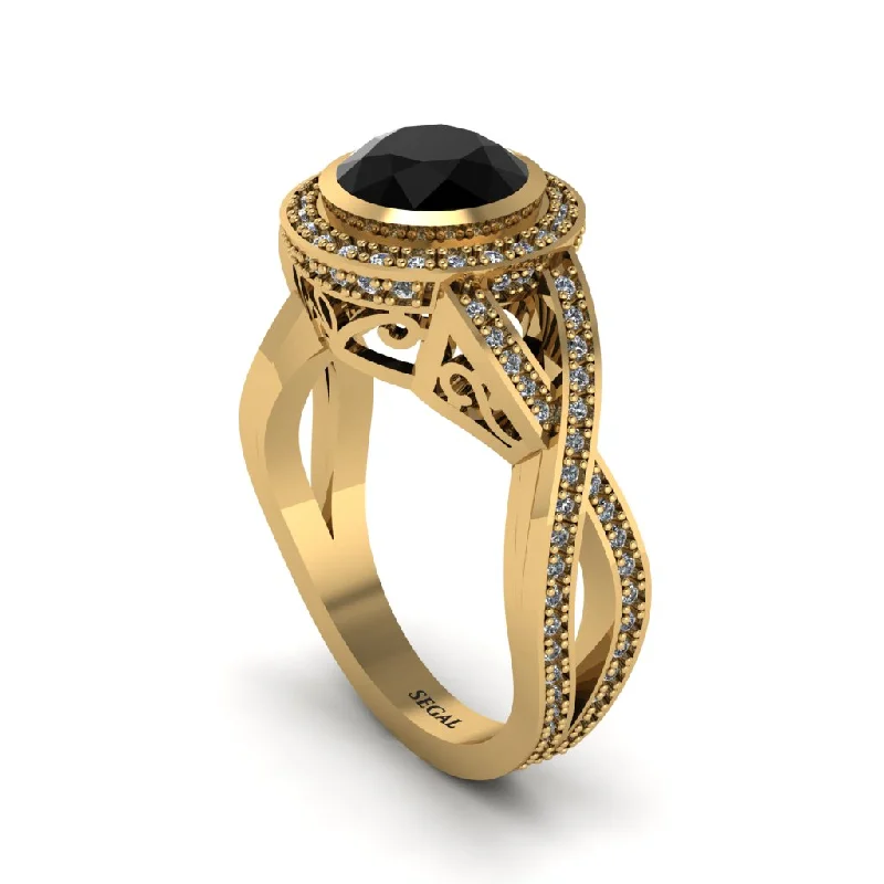 Elegant Gemstone Engagement Rings For Brides-Black Diamond Filigree Halo Twist Shank Engagement Ring - Wren No. 7