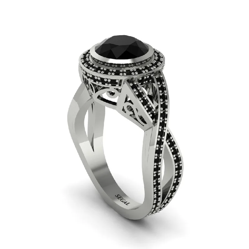 Bold Engagement Rings For Bold Brides-Black Diamond Filigree Halo Twist Shank Engagement Ring - Wren No. 39