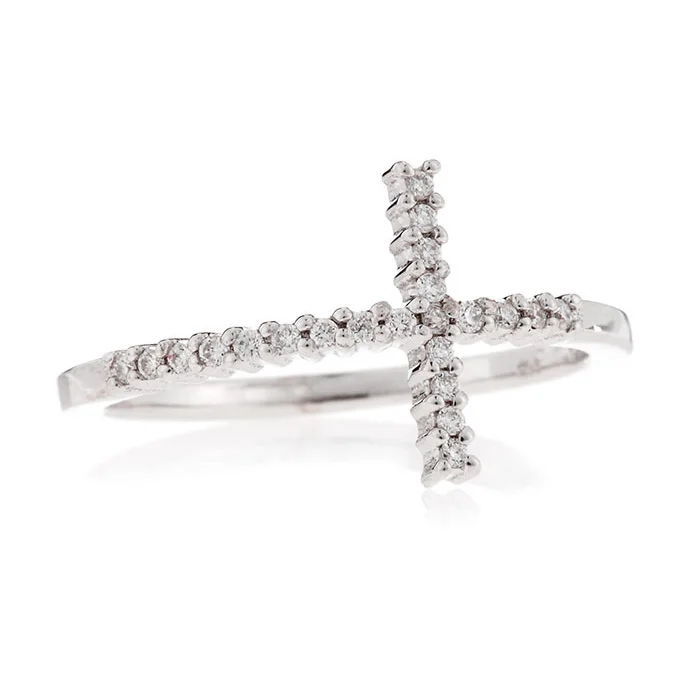 Unique Sapphire Engagement Rings For Brides-Roberto Coin Slim Diamond Cross Ring in White Gold