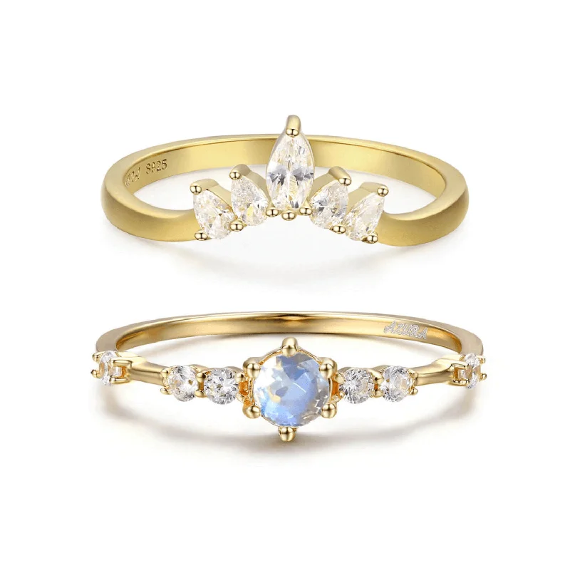 Custom Rings For Bridesmaids Gifts-The Center of the Universe Moonstone Ring & Supreme White Topaz Ring Set (Yellow Gold)