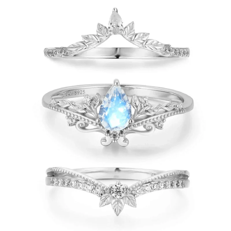 Sparkling Engagement Rings For Brides-Lotus Moonstone©, Abloom, and Woodland Ring Set