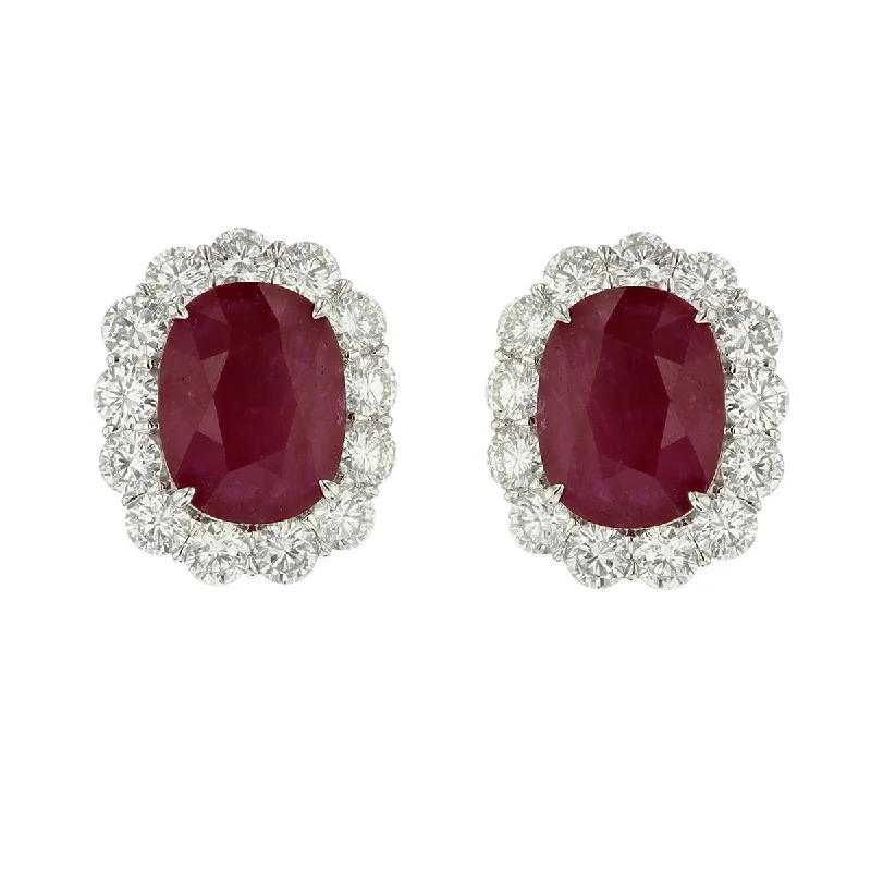 Simple Everyday Earrings For Casual Looks-Platinum Cushion-Cut Ruby and Diamond Earrings