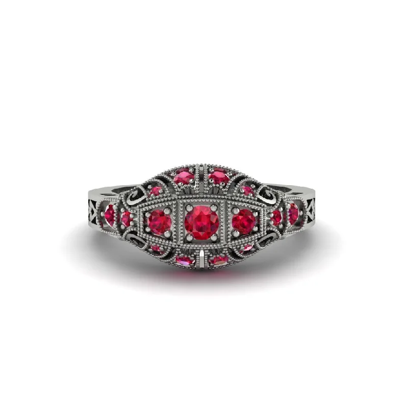 Classic Custom Wedding Rings For Couples-Ruby 3-Stones Art Deco Engagement Ring - Aniyah No. 12