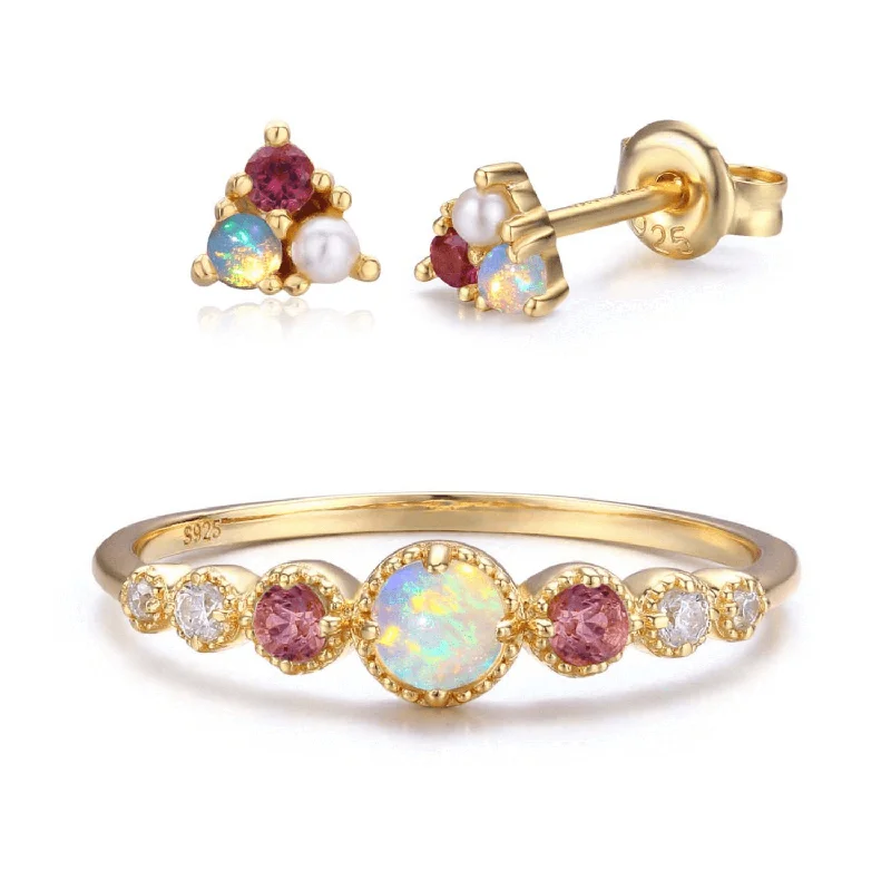 Rose Gold Engagement Rings For Brides-Opal Tourmaline Divinity Ring and Trio Earrings