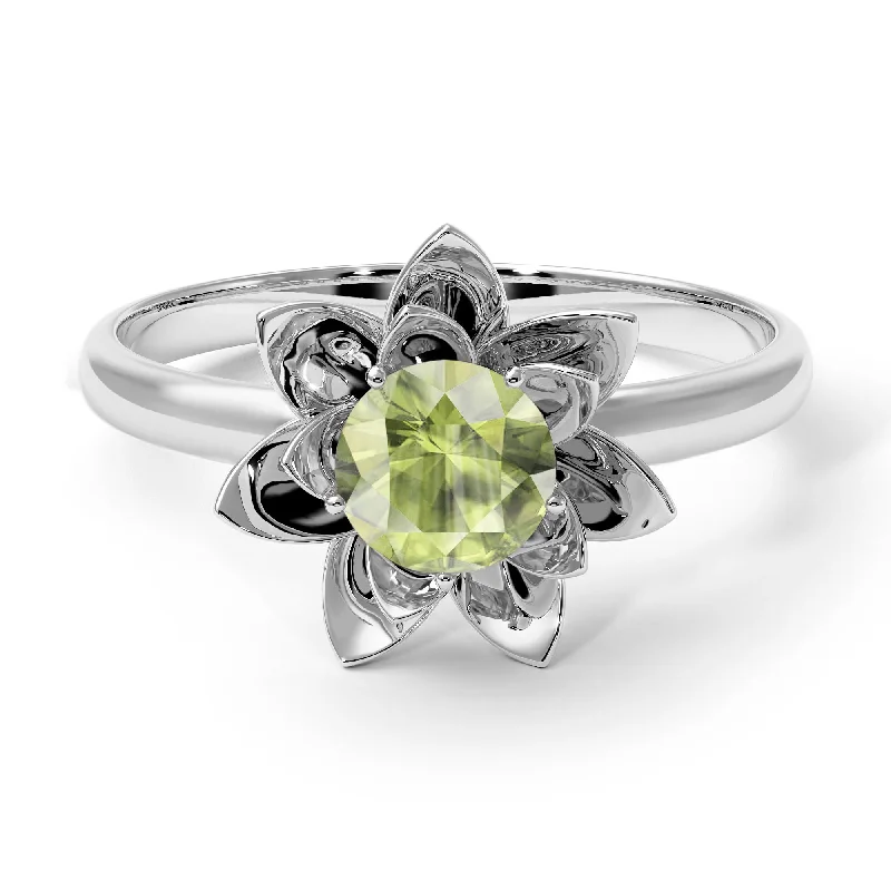 Elegant Gemstone Engagement Rings For Brides-Lotus Flower Solitaire Peridot Ring - Lotus no. 703