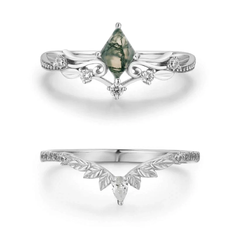 Personalized Cocktail Rings For Fashionistas-Woodland and Victorian Lace Moss Agate© Ring Set