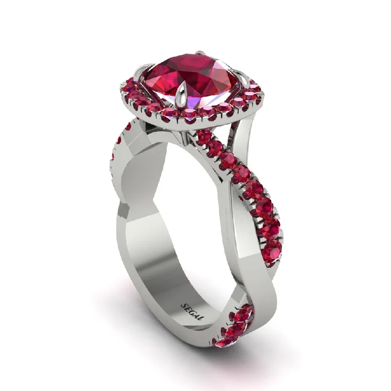 Designer Engagement Rings For Brides-Ruby Twist Shank Halo Engagement Ring - Cheyenne No. 57