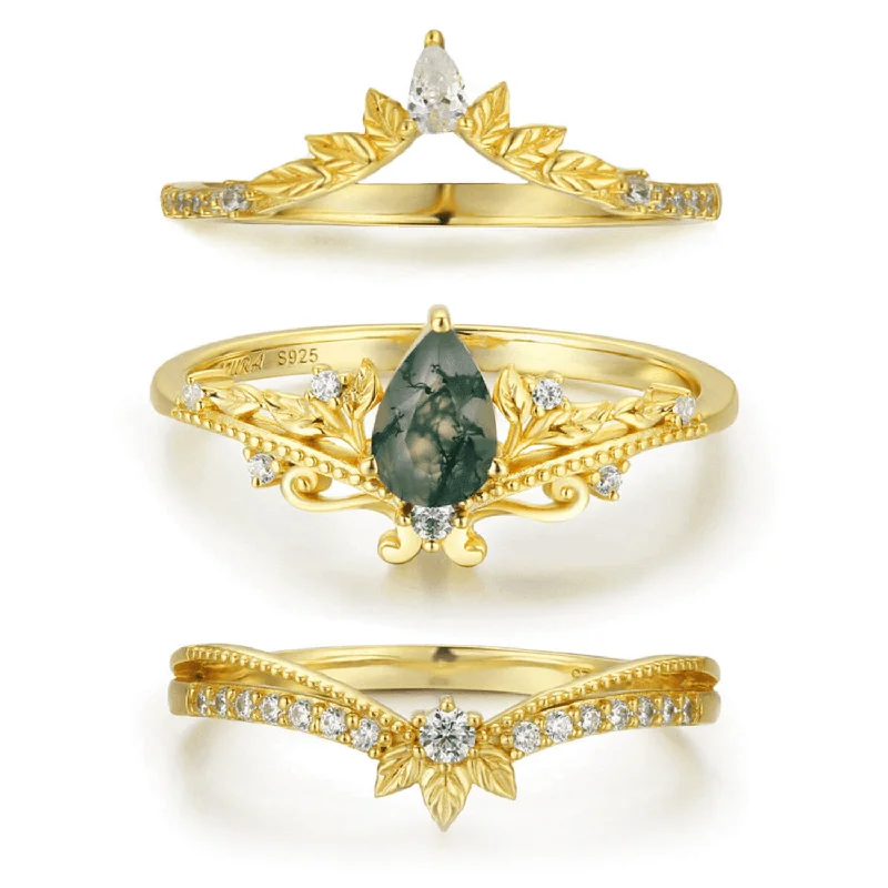 Vintage Wedding Rings For Retro Brides-Lotus Moss Agate©, Abloom, and Woodland Ring Set (Yellow Gold)