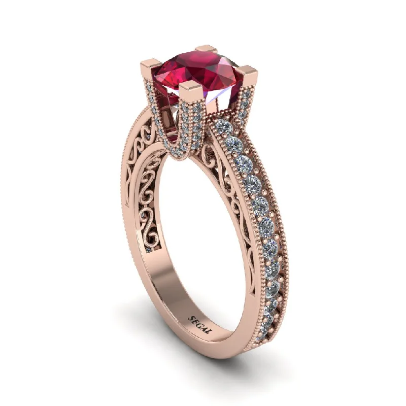 Men’s Silver Rings For Everyday Wear-Ruby Scrollwork Vintage Filigree Engagement Ring - Abby No. 11