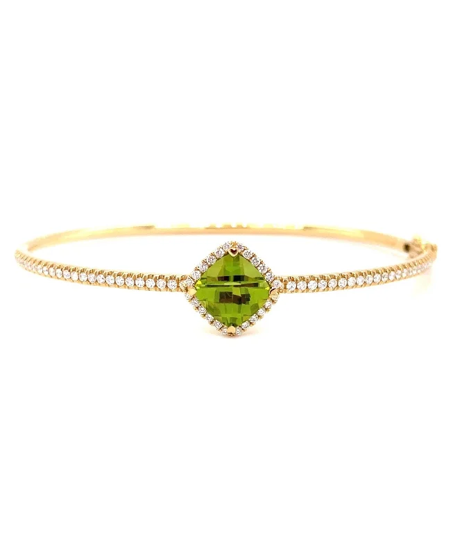 Bangles For Bridesmaids-Peridot Cushion Shaped Bangle with Diamonds 283-JSA