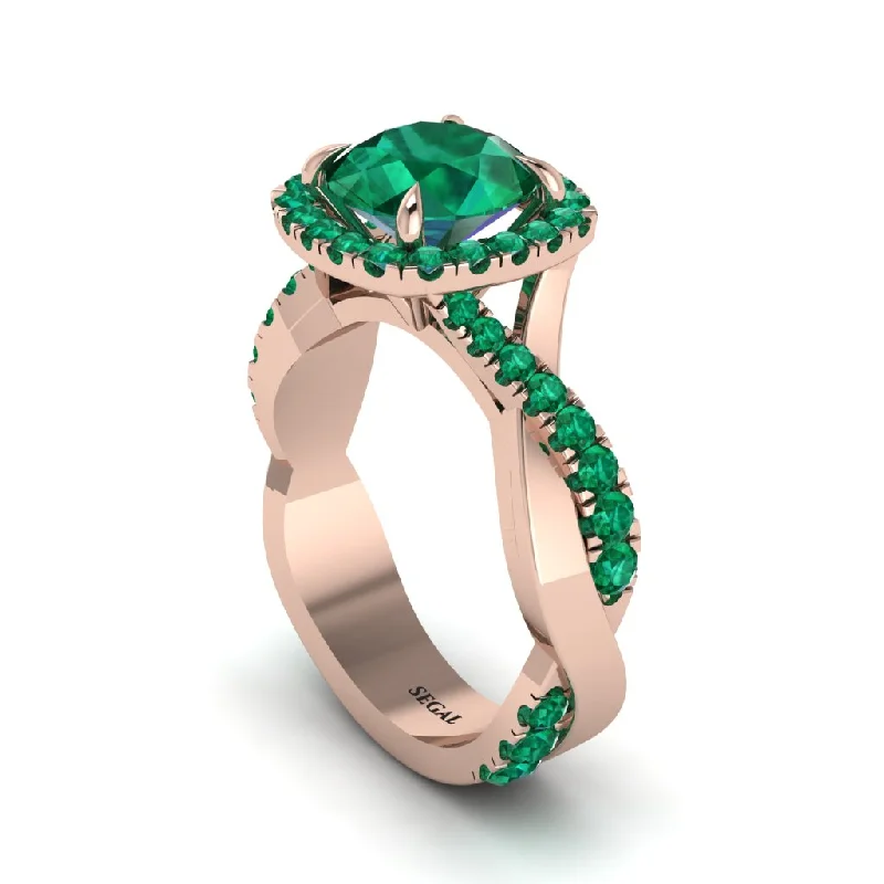 Custom Nameplate Rings For Personal Style-Emerald Twist Shank Halo Engagement Ring - Cheyenne No. 20