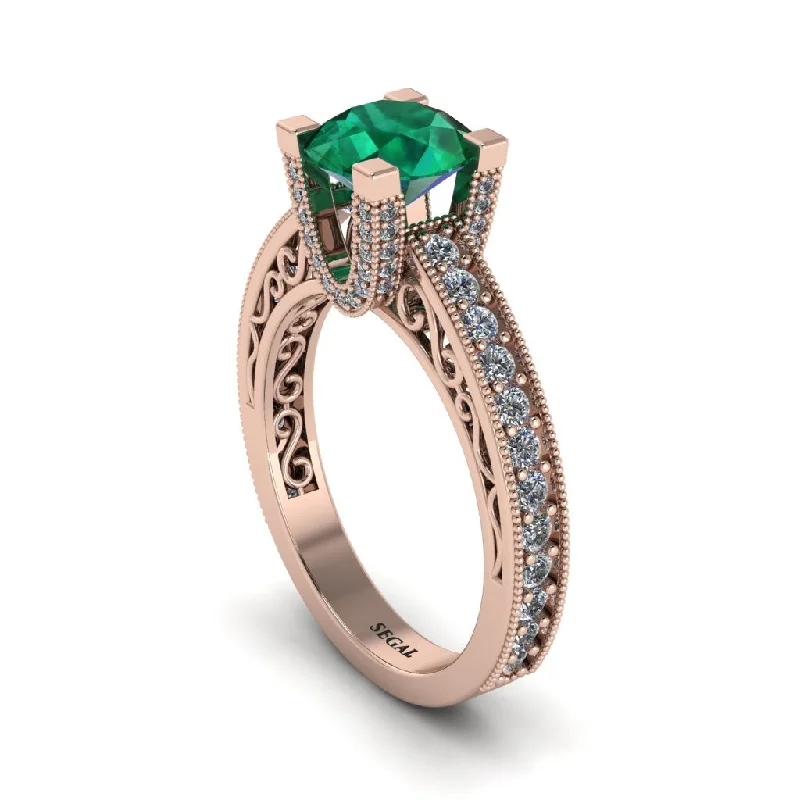 Simple Diamond Engagement Rings For Brides-Emerald Scrollwork Vintage Filigree Engagement Ring - Abby No. 5