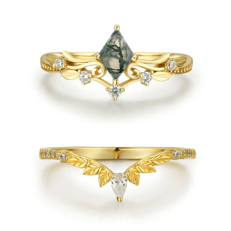 Luxury Diamond Rings For Engagement-Woodland and Victorian Lace Moss Agate© Ring Set (Yellow Gold)