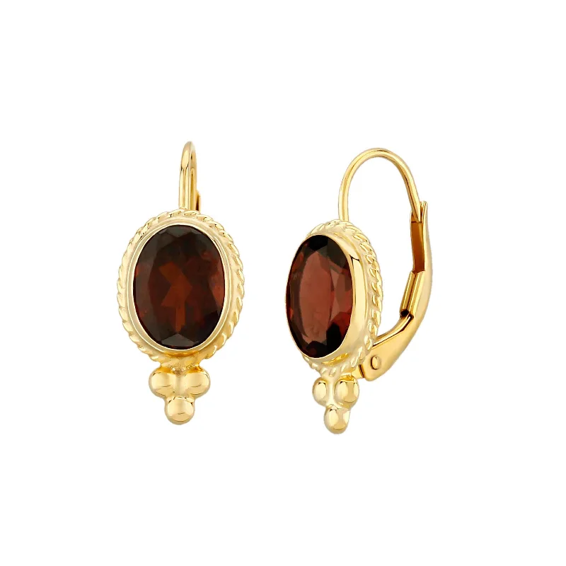 Statement Pearl Earrings For Brides-Framed Oval Garnet Earrings, 14K Yellow Gold