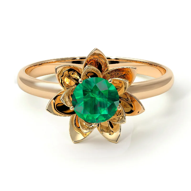 Custom Birthstone Promise Rings For Couples-Lotus Flower Solitaire Emerald Ring - Lotus no. 4