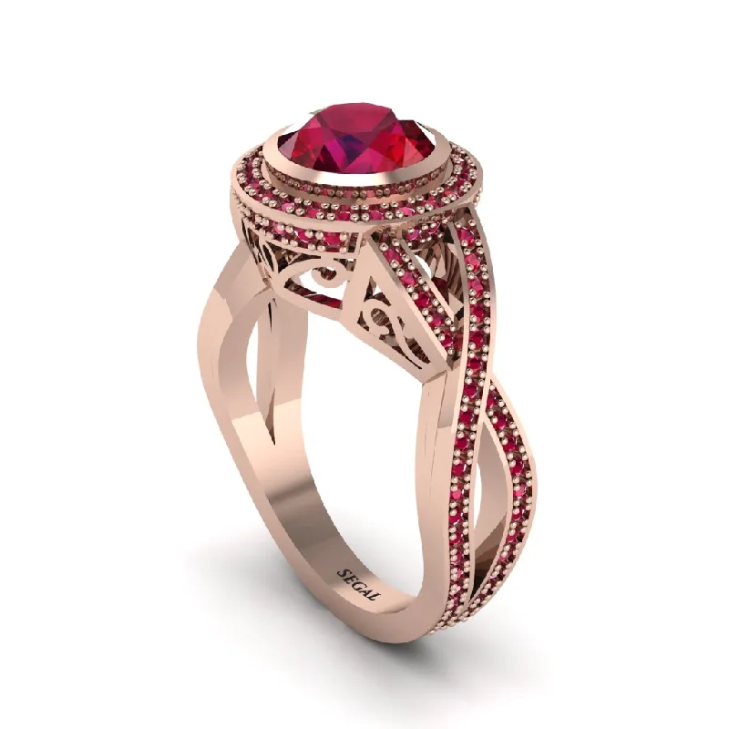 Simple Gold Engagement Rings For Brides-Ruby Filigree Halo Twist Shank Engagement Ring - Wren No. 56