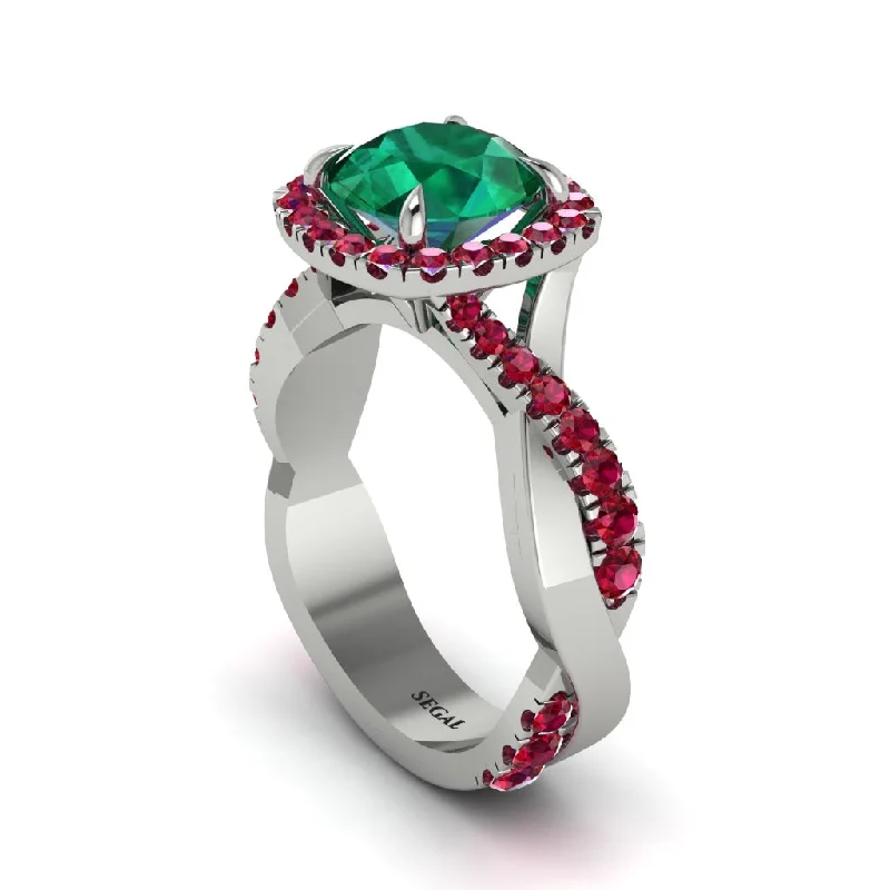 Statement Gemstone Rings For Bold Fashion-Emerald Twist Shank Halo Engagement Ring - Cheyenne No. 51