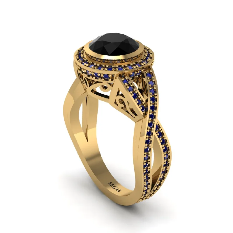 Stunning Gemstone Rings For Weddings-Black Diamond Filigree Halo Twist Shank Engagement Ring - Wren No. 67