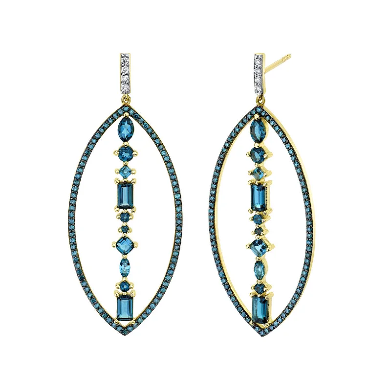 Handmade Gemstone Earrings For Special Events-London Blue Topaz, Blue and White Diamond Drop Earrings