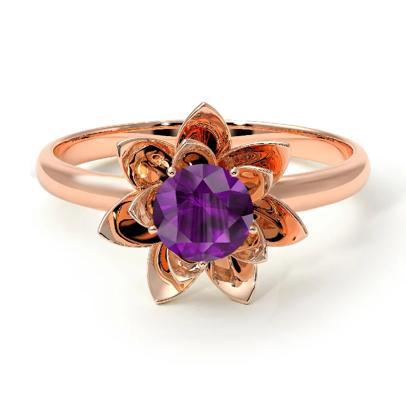 Personalized Cocktail Rings For Special Occasions-Lotus Flower Solitaire Amethyst Ring- Lotus no. 302