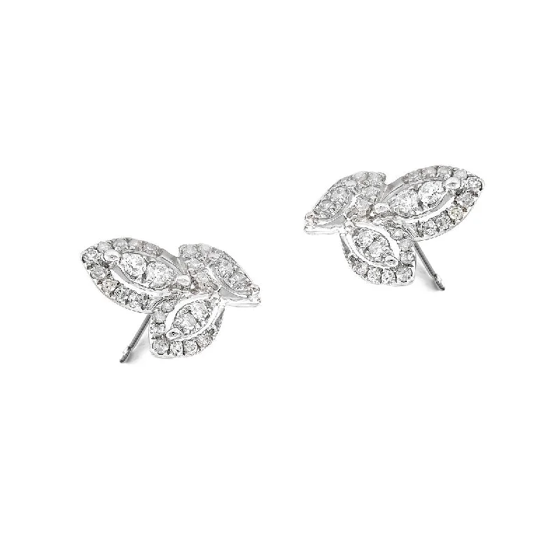 Trendy Stud Earrings For Modern Women-Triple Diamond Leaf Earrings, 14K White Gold