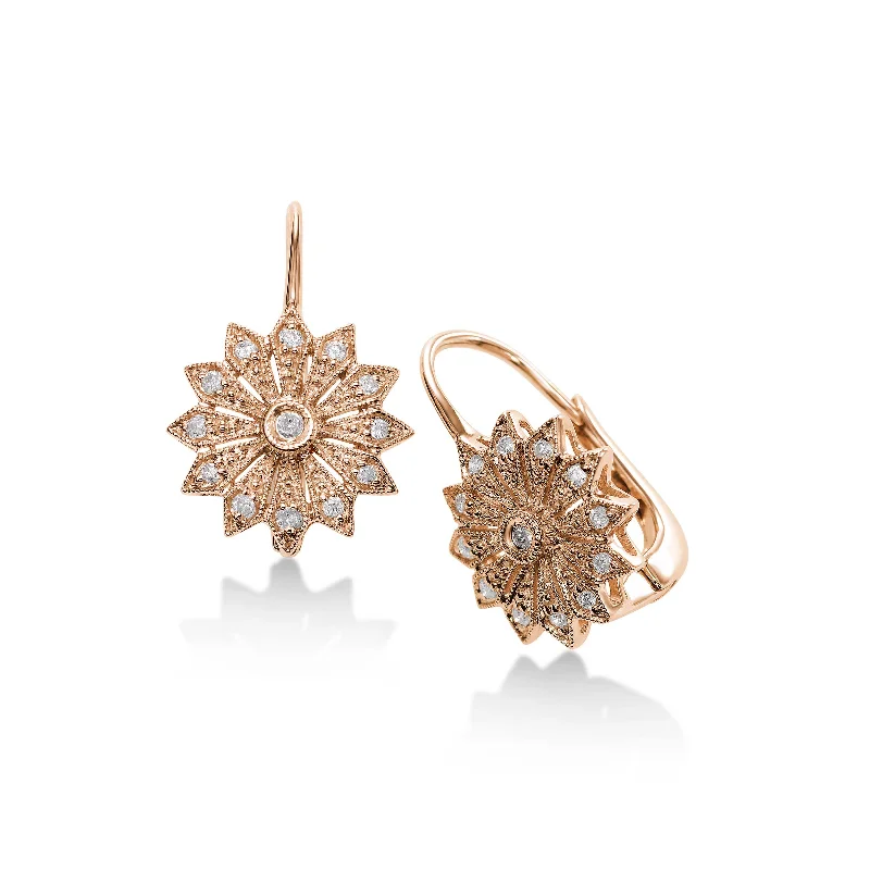 Geometric Drop Earrings For Modern Fashion-Flower Design Pavé Diamond Earrings, 14K Rose Gold