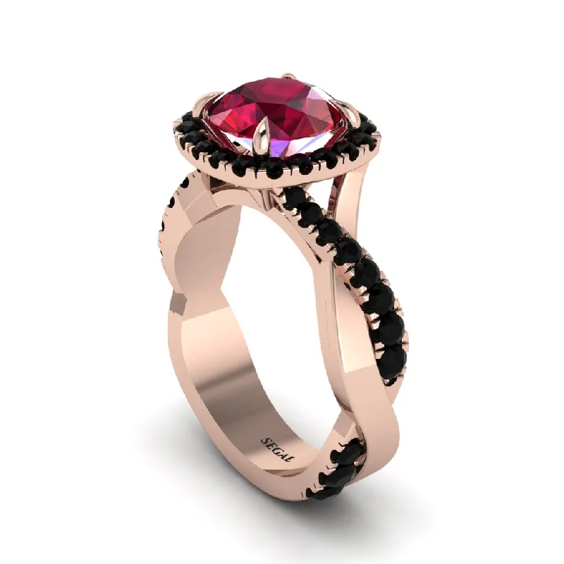 Trendy Silver Rings For Casual Wear-Ruby Twist Shank Halo Engagement Ring - Cheyenne No. 41