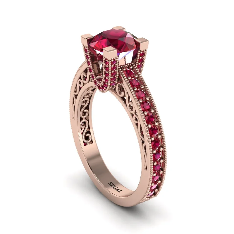 Bold Engagement Rings For Fashionable Brides-Ruby Scrollwork Vintage Filigree Engagement Ring - Abby No. 56