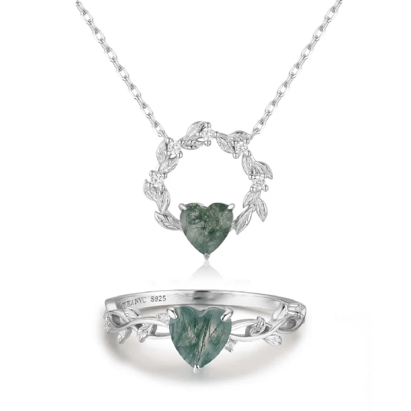 Personalized Couples Rings For Special Moments-Everlasting Heart© and Heart’s Desire Moss Agate© Ring and Necklace Set