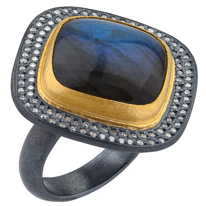 Statement Gemstone Rings For Bold Fashion-Lika Behar "Nightfall" Labradorite Grey Diamond Ring 24K Gold & Oxidized Silver