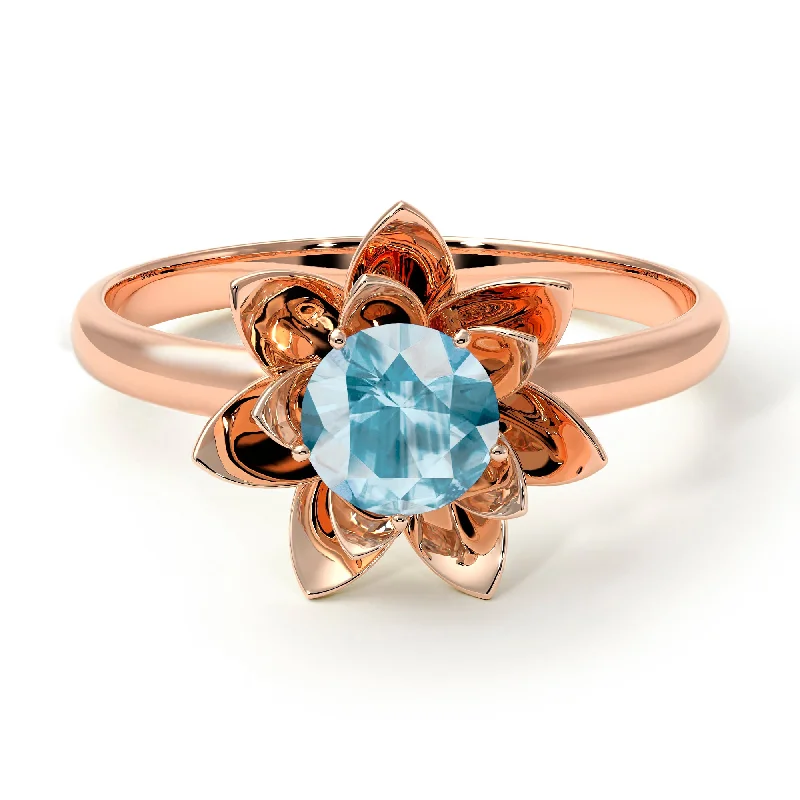 Bold Wedding Bands For Bold Couples-Lotus Flower Solitaire Aquamarine Ring - Lotus no. 402