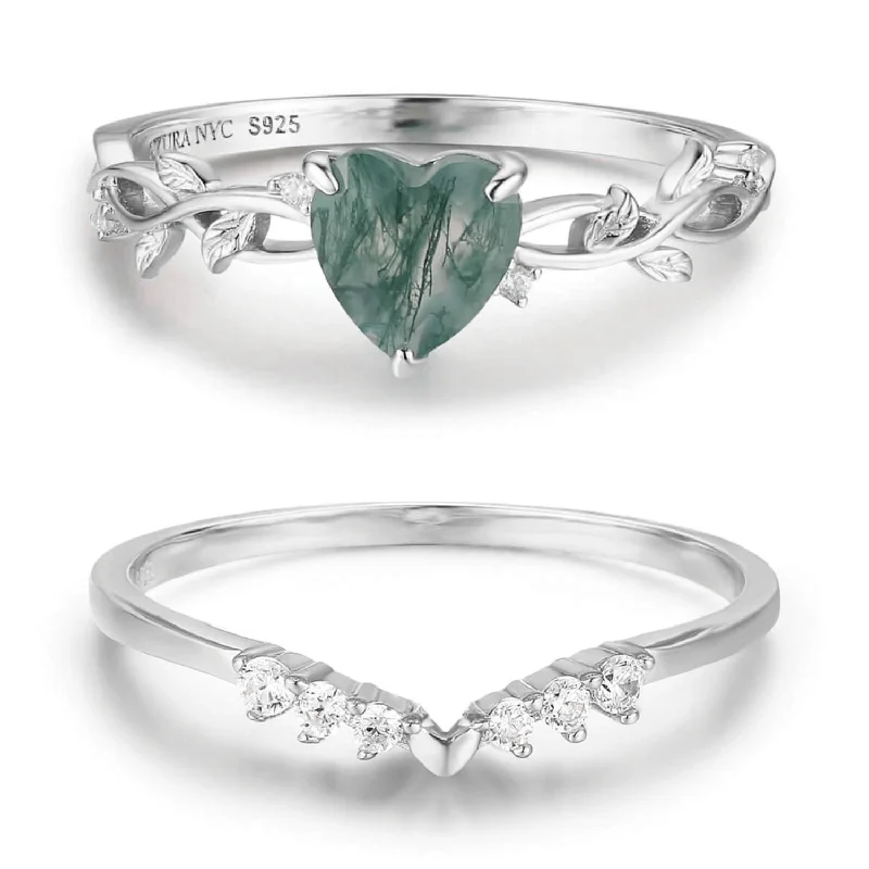 Trendy Statement Rings For Fashion Lovers-Everlasting Heart Moss Agate© and Hearty Heart Ring Set