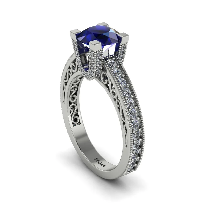 Custom Silver Wedding Bands For Couples-Sapphire Scrollwork Vintage Filigree Engagement Ring - Abby No. 15