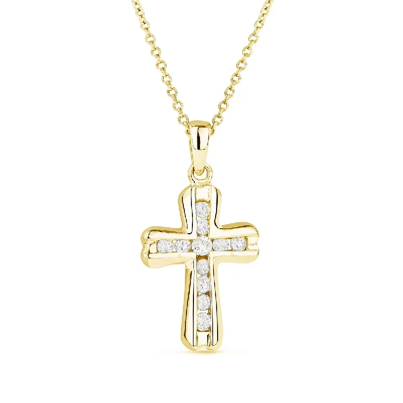 Elegant Moonstone Necklaces For Chic Style-YELLOW GOLD CROSS PENDANT NECKLACE WITH DIAMONDS, .15 CT TW