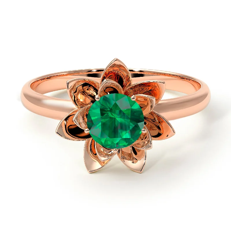 Simple Gold Engagement Rings For Brides-Lotus Flower Solitaire Emerald Ring - Lotus no. 5