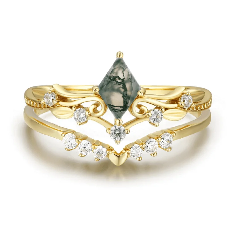 Unique Gold Rings For Bold Style-Victorian Lace Moss Agate© and Hearty Heart Ring Set (Yellow Gold)