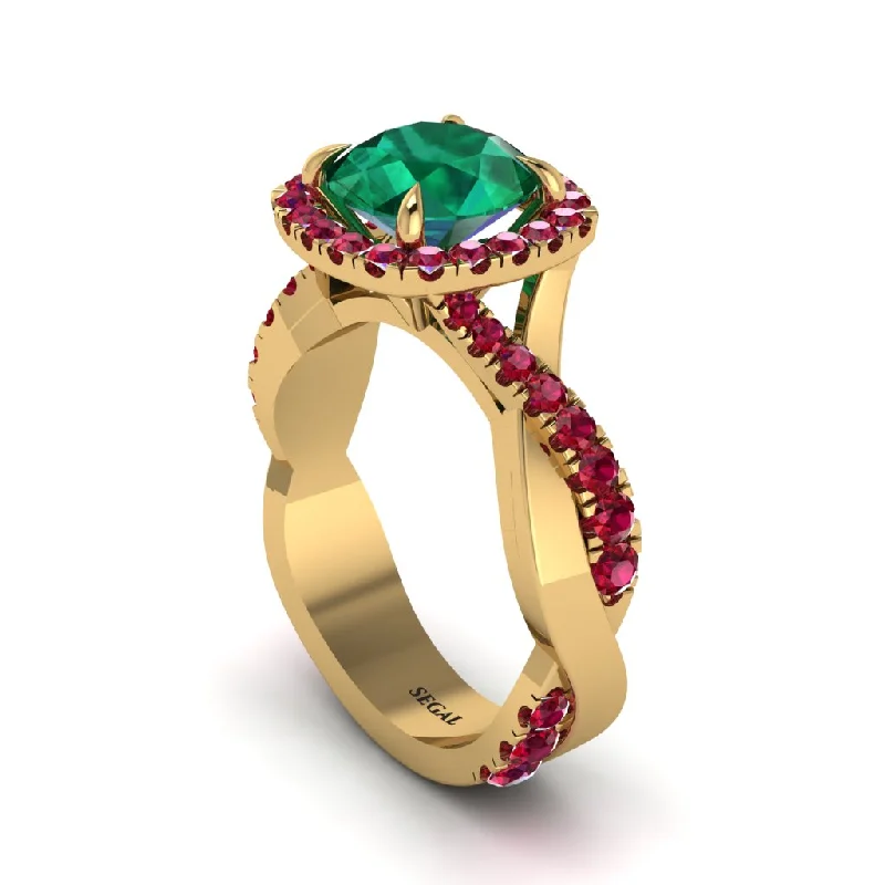 Dainty Rings For Minimalist Fashion-Emerald Twist Shank Halo Engagement Ring - Cheyenne No. 49