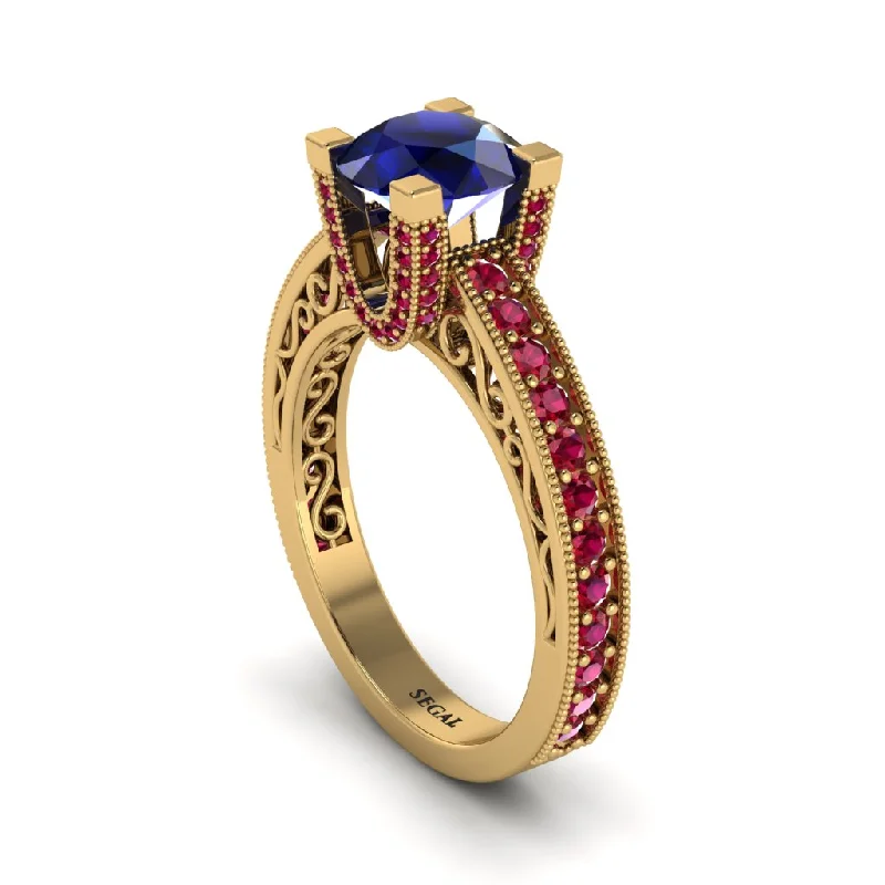 Elegant Wedding Bands For Non-Traditional Brides-Sapphire Scrollwork Vintage Filigree Engagement Ring - Abby No. 58