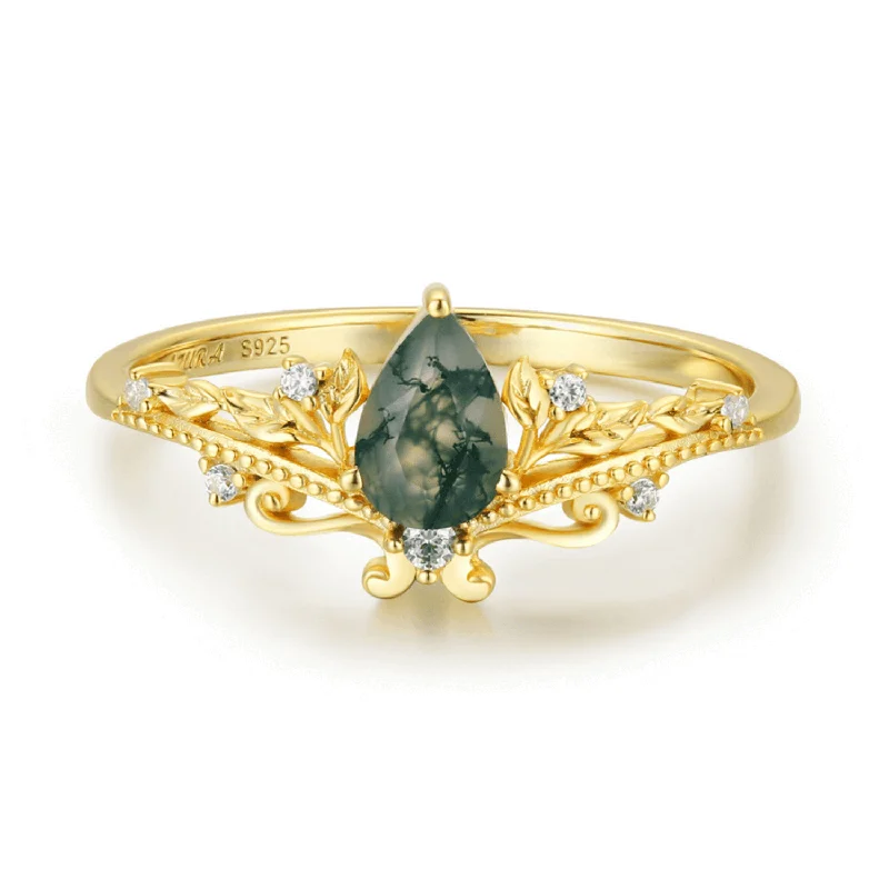 Custom Silver Engagement Rings For Brides-Lotus Moss Agate Ring (Yellow Gold)©