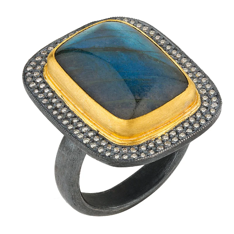 Bold Wedding Rings For Fashionistas-Lika Behar "Nightfall" Rectangle Labradorite Grey Diamond Ring 24K Gold & Oxidized Silver