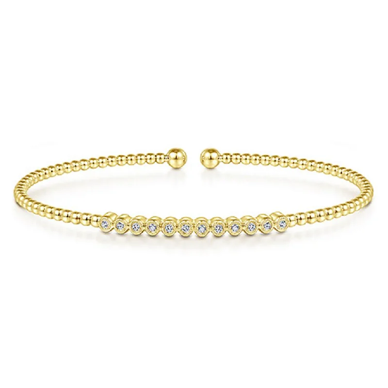 Bracelets With Platinum Coating-Gabriel & Co 14K Yellow Gold Bujukan Bead Cuff Bracelet with Bezel Set Diamond Stations