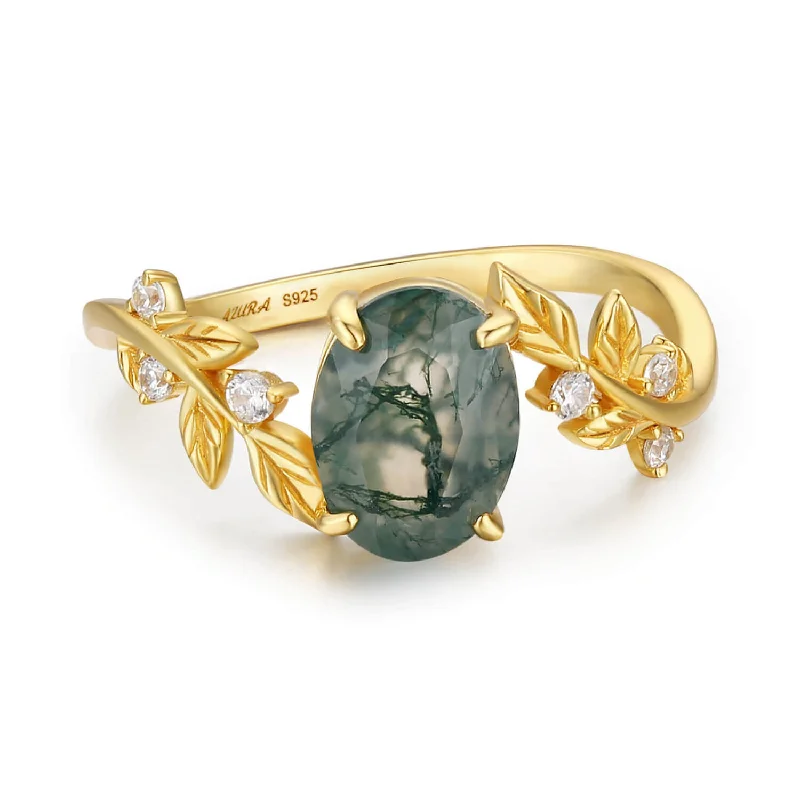 Elegant Men’s Engagement Rings For Special Occasions-Between the Leaf Oval Moss Agate Ring (Yellow Gold)©